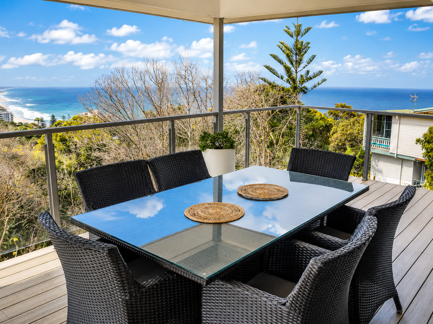 Balcony dining with ocean view, Oceancrest Coolum Hideaway