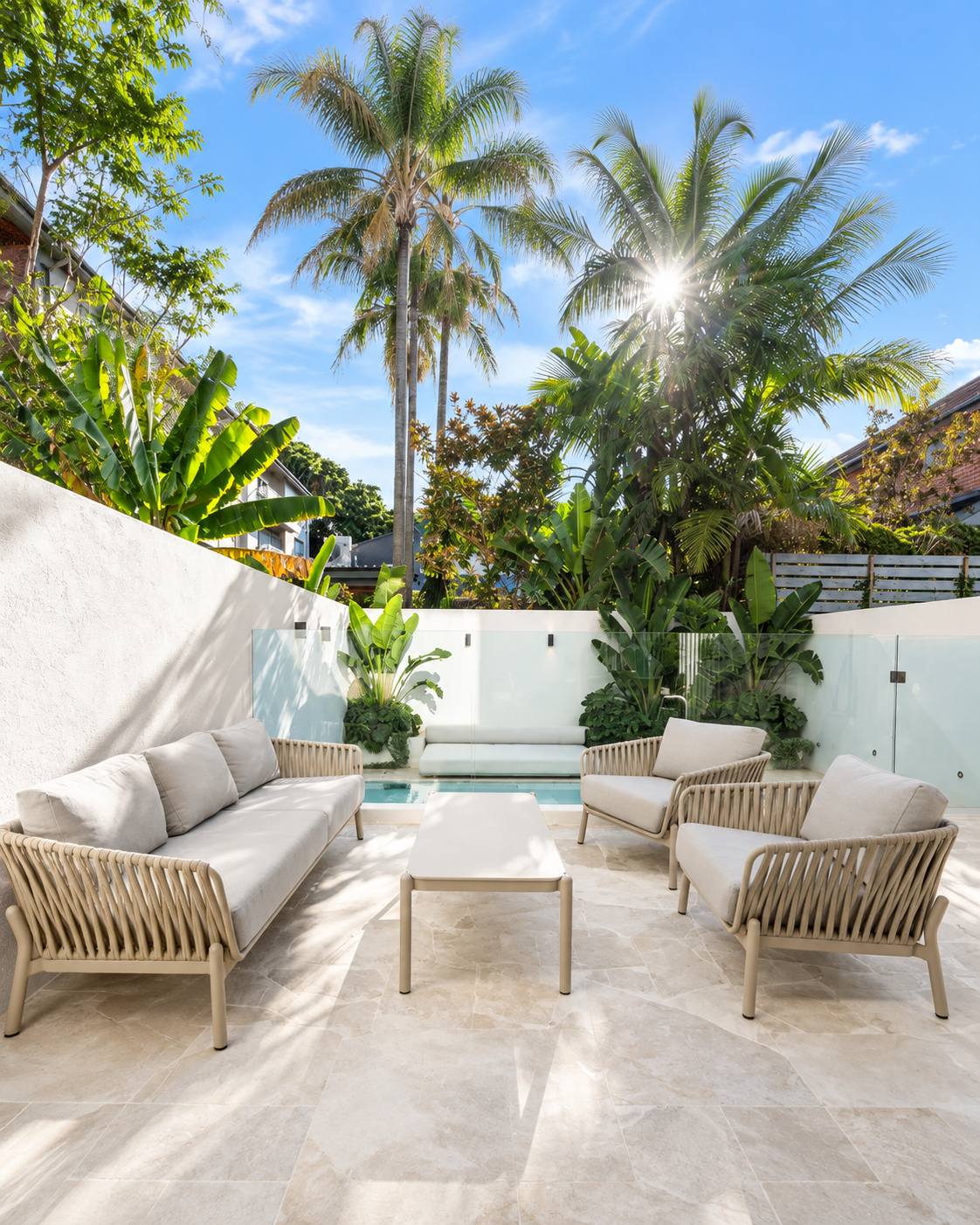 Outdoor lounge seating in the courtyard at Sol, Bondi Beach