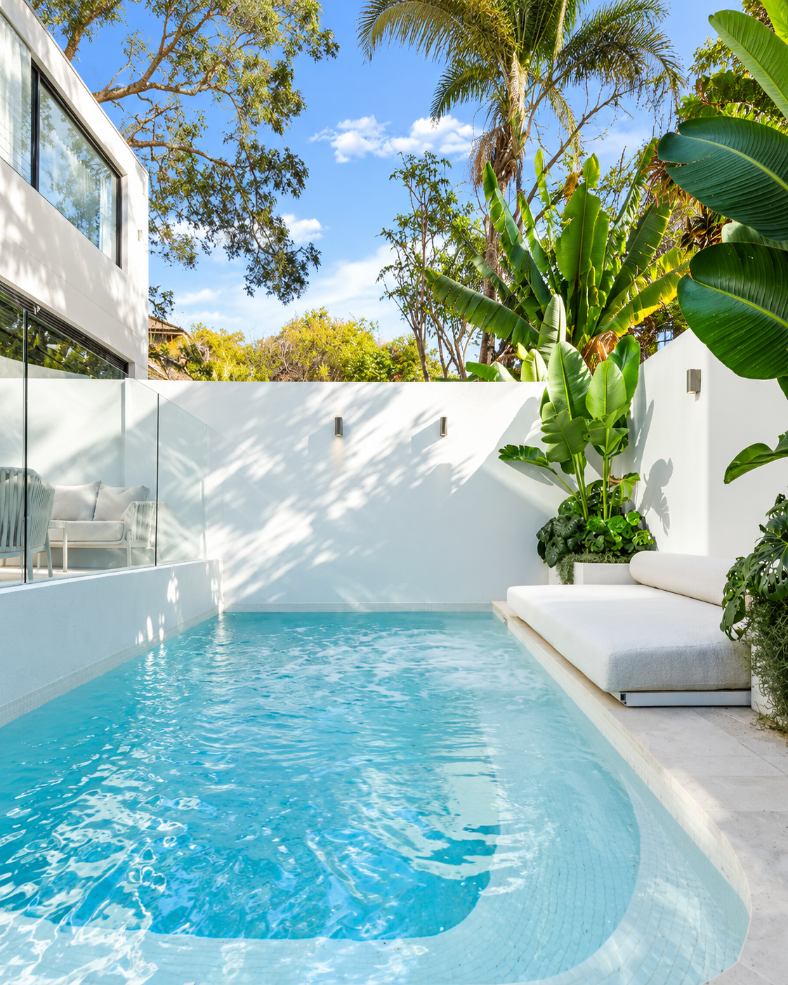 Private outdoor pool surrounded by resort-style gardens
